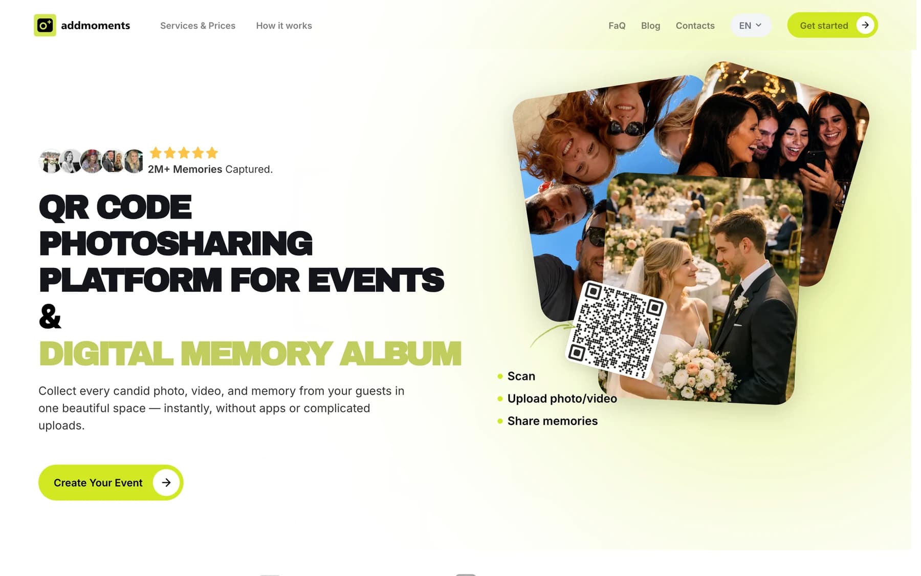 AddMoments' landing page: QR code photo sharing for events