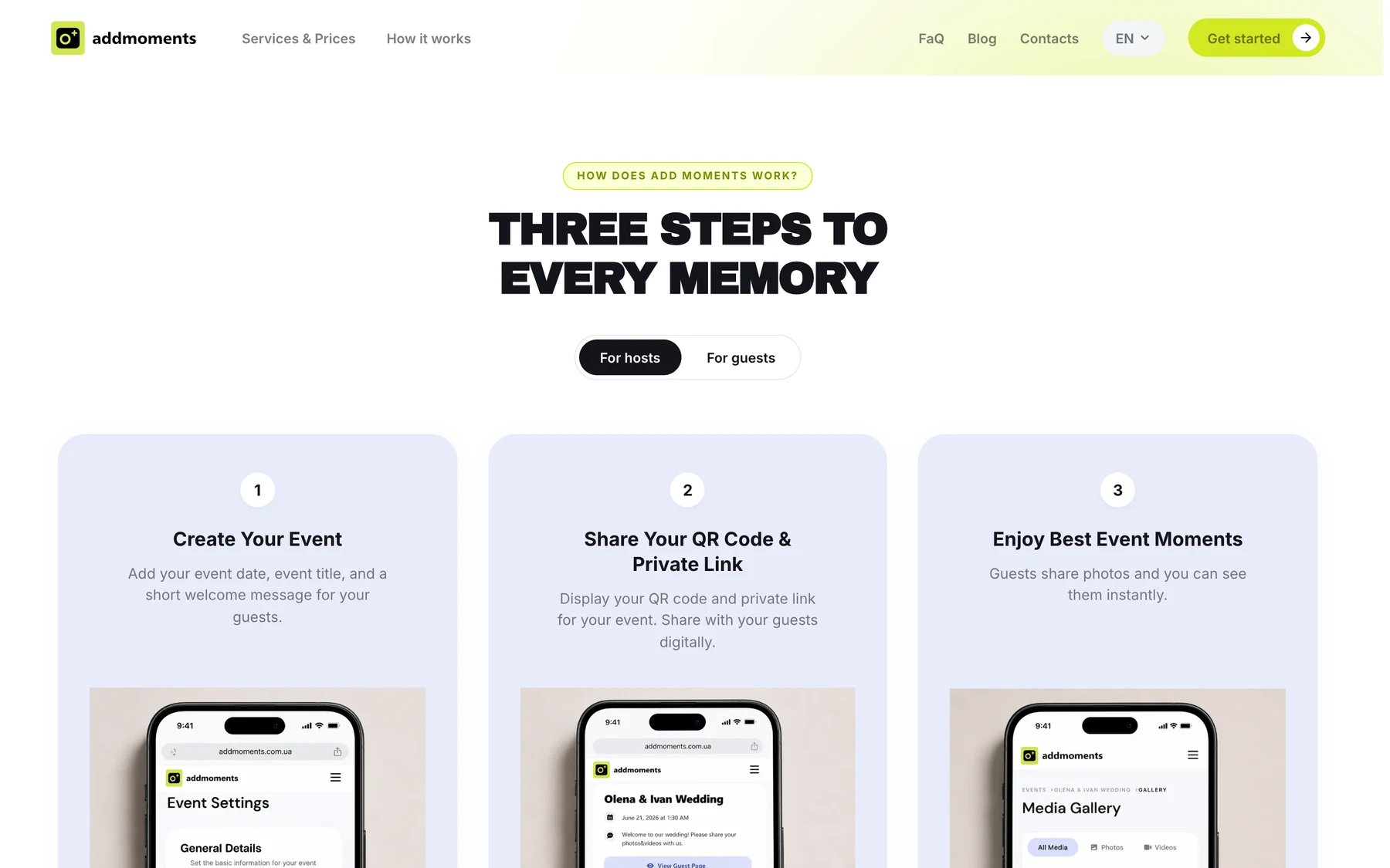 The AddMoments three-step flow for hosts and guests