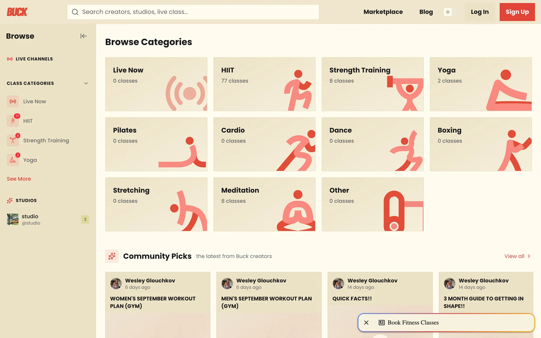 The BUCK platform browsing live class categories