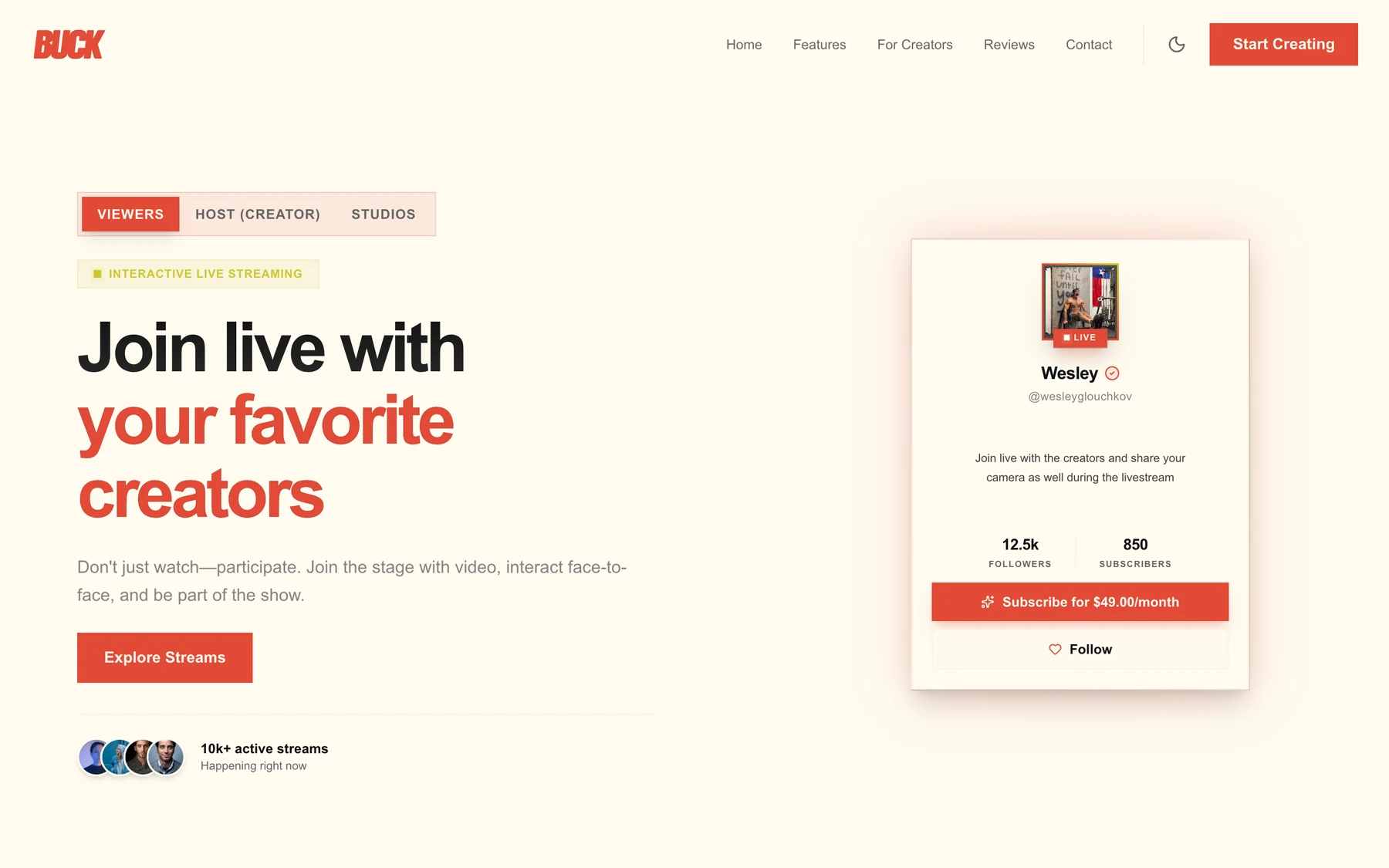 BUCK's landing page: join live with your favourite creators