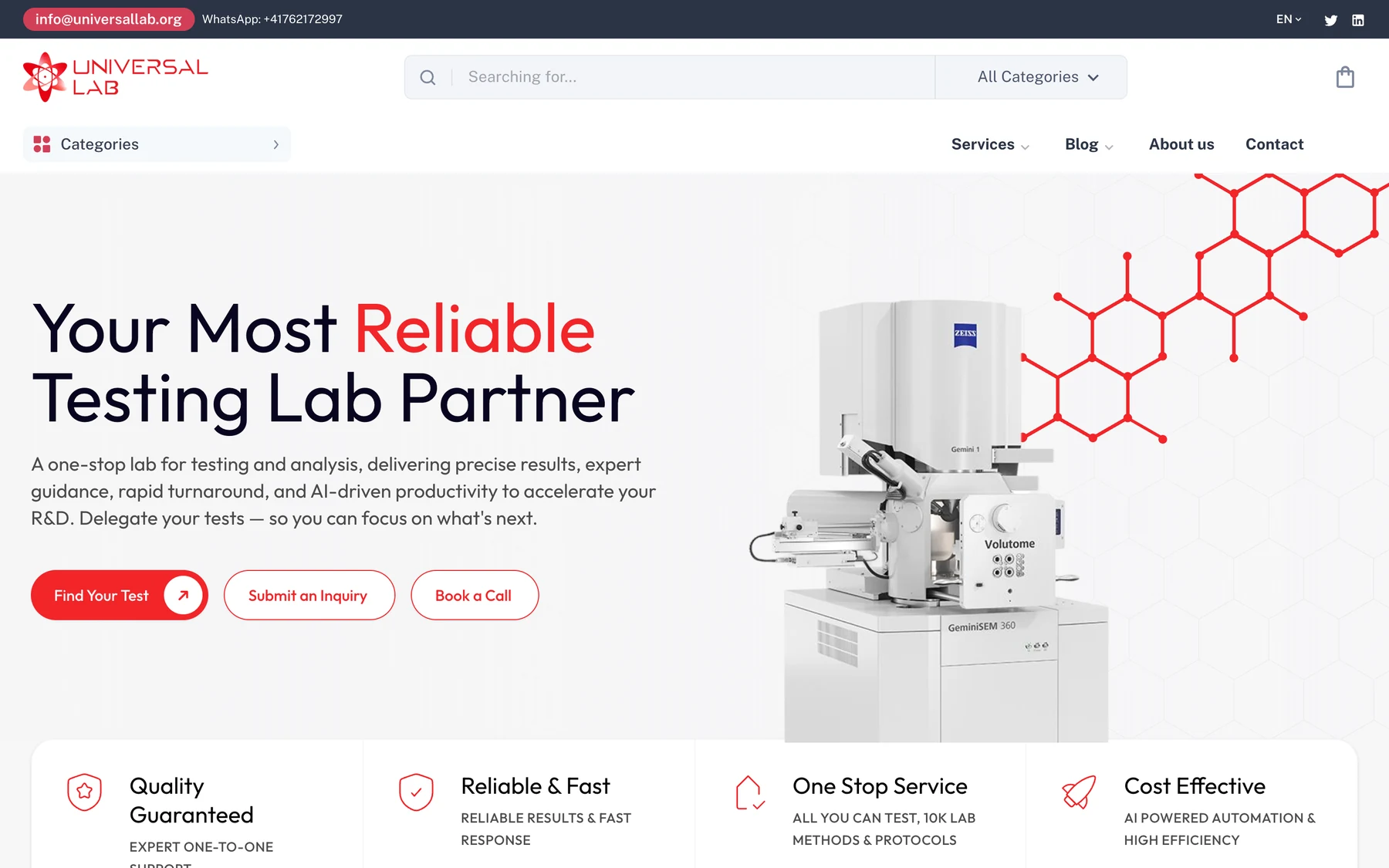 Universal Lab's landing page: your most reliable testing lab partner