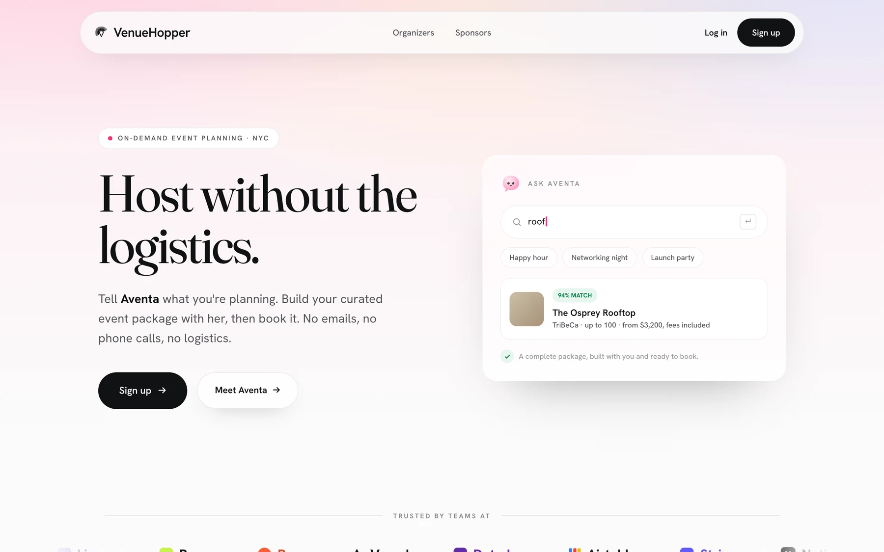VenueHopper's landing page: host without the logistics